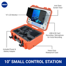 Compact 10-inch control station in an orange waterproof case, with LCD monitor, anti-glare visor, USB & SD recording, voice mic, and included battery adapter.
