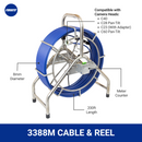 3388M cable reel with 8mm diameter and 200ft cable, featuring a meter counter. Compatible with C40, C28 Pan-Tilt, C60 Pan-Tilt, and C23 camera heads (with adapter).