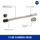 C12B waterproof colour camera head with 12mm diameter, built-in LED lights, and optional 512Hz Sonde transmitter