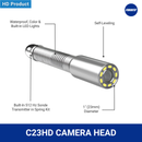 C23HD self-leveling, waterproof colour camera head with 23mm diameter, built-in LED lights, and integrated 512Hz Sonde transmitter in spring kit