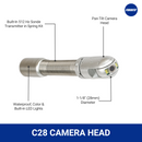 C28 pan-tilt camera head with 28mm diameter, waterproof and colour imaging, built-in LED lights, and integrated 512Hz Sonde transmitter