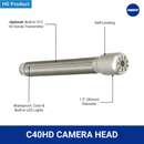 C40HD self-leveling camera head with 40mm diameter, waterproof and colour imaging, built-in LED lights, and optional 512Hz Sonde transmitter.