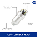 C60A pan-tilt camera head with 60mm diameter, built-in LED lights, waterproof and colour imaging, and integrated 512Hz Sonde transmitter in spring kit