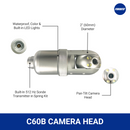 C60B pan-tilt camera head with 60mm diameter, waterproof and colour imaging, built-in LED lights, and 512Hz Sonde transmitter in spring kit