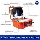 10-inch multifunction control station featuring an LCD monitor, anti-glare visor, USB & SD recording, voice mic, joystick, keyboard controls, and waterproof case