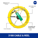 Yellow 3188 cable reel with 5.2mm diameter, optional meter counter, and lengths of 65FT, 100FT, or 130FT. Compatible with C16 and C23 camera heads