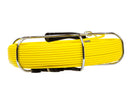Yellow hose coiled on a metal reel with a white background