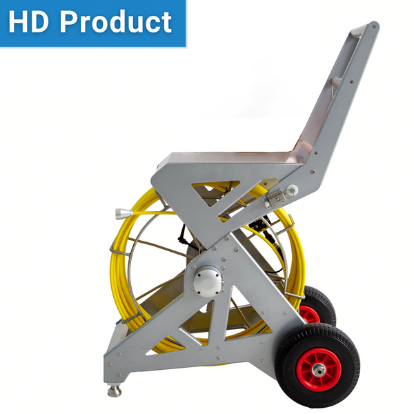 Metallic reel cart with yellow hose on a white background, labeled 'HD Product'.