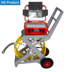 Industrial inspection camera system with red toolbox and yellow cable on a white background