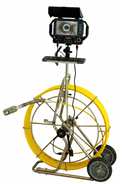 Pipe inspection camera system with Yellow cable, monitor and C60 HD Camera Head on a white background
