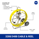 Heavy-duty cable reel with 9mm diameter and meter counter, available in 200FT or 400FT lengths. Compatible with camera heads C40, C28 Pan-Tilt, C60 Pan-Tilt, and C23 with adapter.