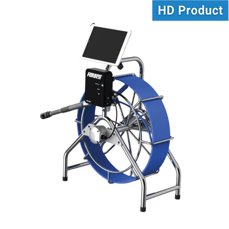 Forbest 3388PHWF HD sewer inspection camera system with blue push cable and tablet display.