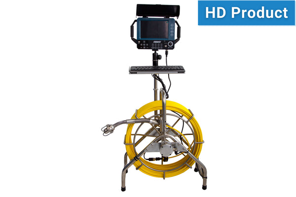 Pipe inspection camera system with yellow cable on a white background