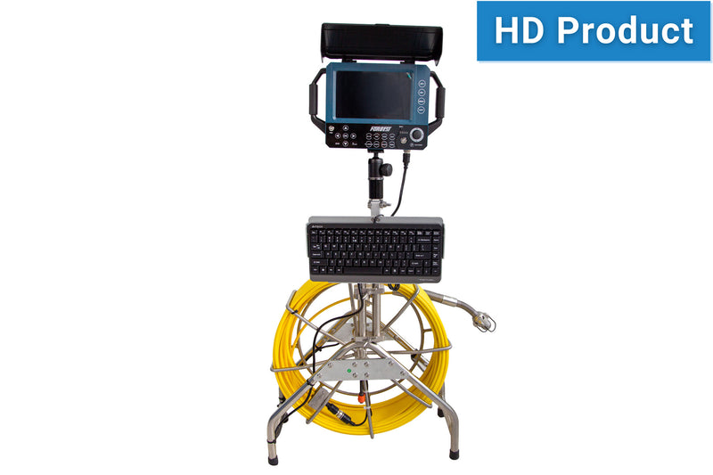 Pipe inspection camera system with yellow cable on a white background