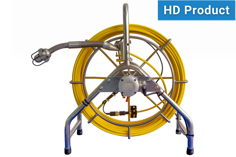 Pipe inspection camera with yellow cable on a white background