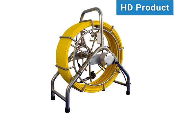 Pipe inspection camera with yellow cable on a white background