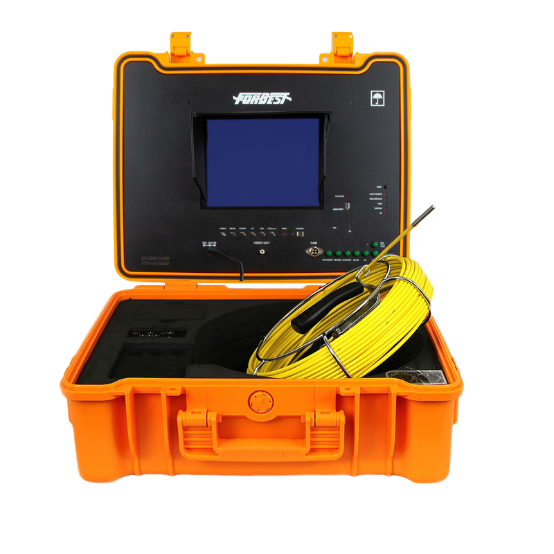 Forbest 4188DN-C06 pipe inspection camera system with 10-inch LCD monitor, yellow reel, and 16mm camera head
