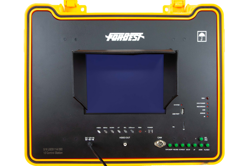 Forbest Classic 4188 pipe inspection system with C16 waterproof camera head, yellow fiberglass push rod, and 10-inch LCD monitor in rugged orange case.