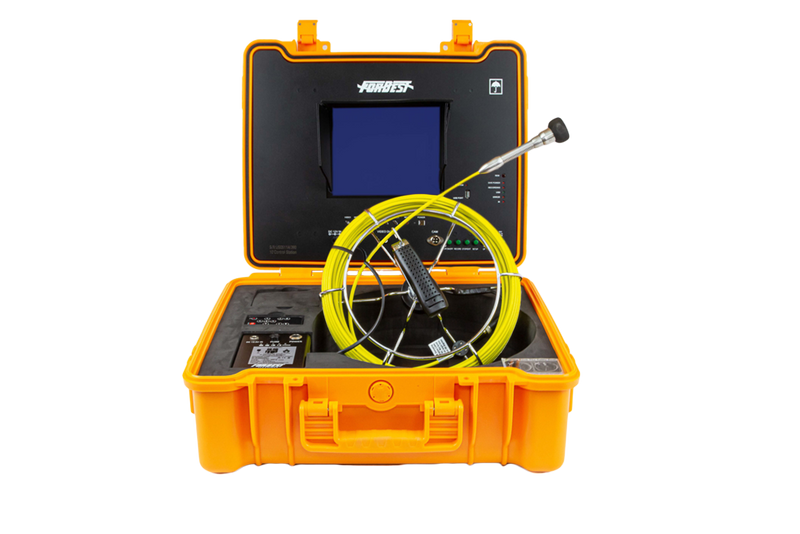 Forbest Classic 4188DN pipe inspection system with C16 waterproof camera head, yellow fiberglass push rod, and 10-inch LCD monitor in rugged orange case.