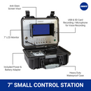 7-inch control station in a compact waterproof case featuring an LCD monitor, anti-glare screen visor, USB & SD card recording with voice mic, and included battery adapter.