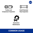 Icons showing common uses for small cameras: turbine and compressor inspection, small-diameter pipe inspection, and automotive maintenance