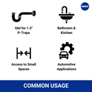 Icons representing uses for the C12 camera: ideal for 1.5-inch P-traps, bathroom and kitchen inspections, automotive applications, and access to small spaces