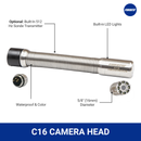 C16 waterproof colour camera head with 16mm diameter, built-in LED lights, and optional 512Hz Sonde transmitter