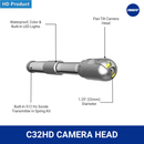 C32HD pan-tilt camera head with 32mm diameter, built-in LED lights, waterproof and colour imaging, and integrated 512Hz Sonde transmitter in spring kit
