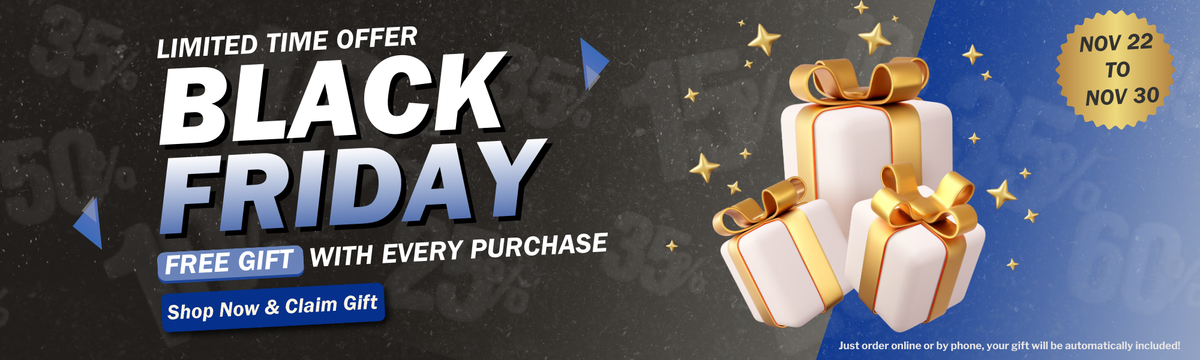 Black Friday promotional banner with gift boxes and limited time offer text.