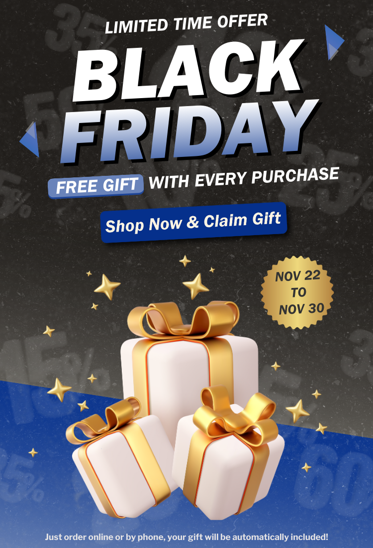Black Friday promotional flyer with gift boxes, stars, and text on a dark background