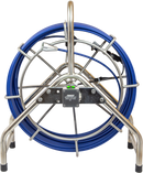 Metallic reel with blue cable on a white background