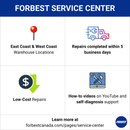 Graphic showing Forbest Service Center benefits: East & West Coast locations, 5-day repair turnaround, low-cost repairs, and YouTube how-to video support. Visit forbestcanada.com/pages/service-center for details.