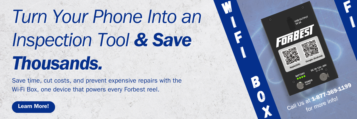 Advertisement for a WiFi box that turns a phone into an inspection tool, with text and graphics on a blue and white background.