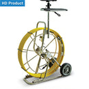 Pipe Inspection Cable reel with yellow cable on a stand against a white background