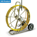 Pipe Inspection Cable reel with yellow cable on a stand against a white background