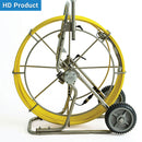 Pipe Inspection Cable reel with yellow cable on a stand against a white background