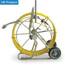 Pipe Inspection Cable reel with yellow cable and camera head C32 Pan-tilt on a stand against a white background