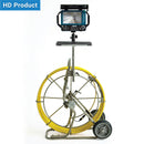 Pipe inspection camera system with Yellow cable and monitor on a white background