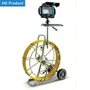 Pipe inspection camera system with Yellow cable and monitor on a white background