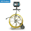 Pipe inspection camera system with Yellow cable, monitor and C32 Pan-tilt Camera Head on a white background