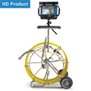 Pipe inspection camera system with Yellow cable, monitor and C40 HD Camera Head on a white background