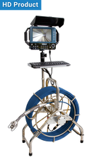Pipe inspection camera system with blue cable on a white background. labeled 'HD Product'.