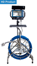 Pipe inspection camera system with blue cable on a white background. labeled 'HD Product'.