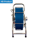 Blue sewer cable & reel with metal frame on a white background, labeled 'HD Product'.