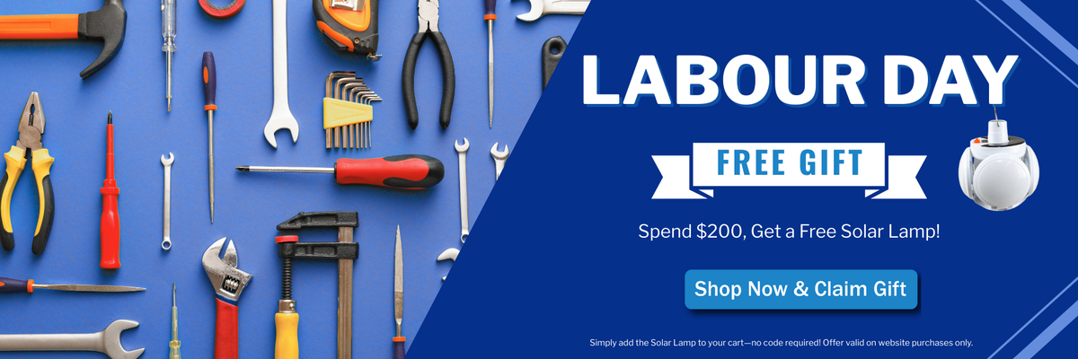 Collection of tools on a blue background with Labour Day promotion text.