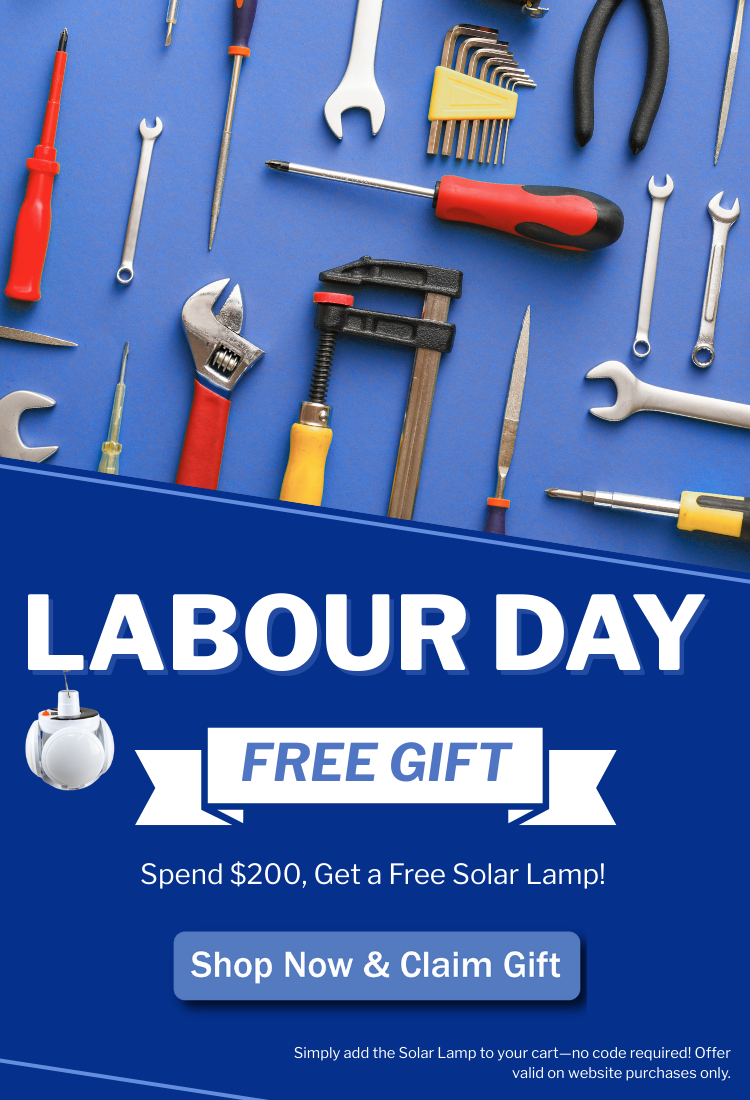 Collection of tools on a blue background with Labour Day promotion text.