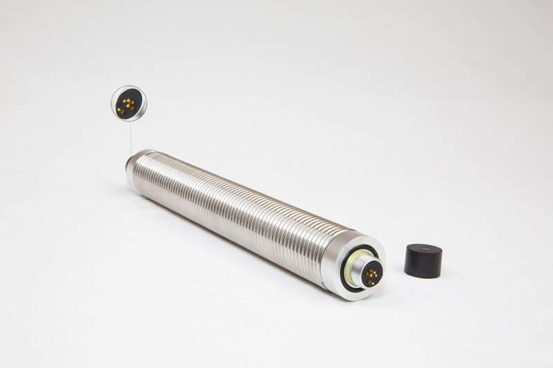 A stainless steel spring with built-in components and connectors at both ends, designed for a 4 pin to 4 pin connection with a sonde transmitter.