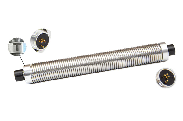 A stainless steel spring with built-in components and connectors at both ends, designed for a 4 pin to 4 pin connection with a sonde transmitter.