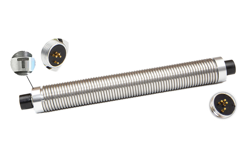 A stainless steel spring with built-in components and connectors at both ends, designed for a 4 pin to 4 pin connection with a sonde transmitter.