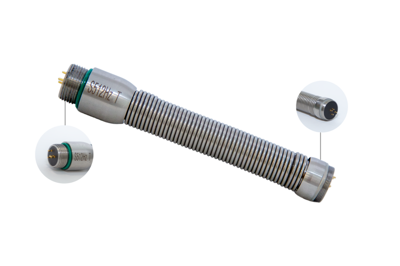 Forbest SK-T-C16 flexible stainless-steel spring tail connector with 512Hz transmitter marking, designed for sewer and pipe inspection camera systems, including close-up views of both connector ends and gold-pin terminals